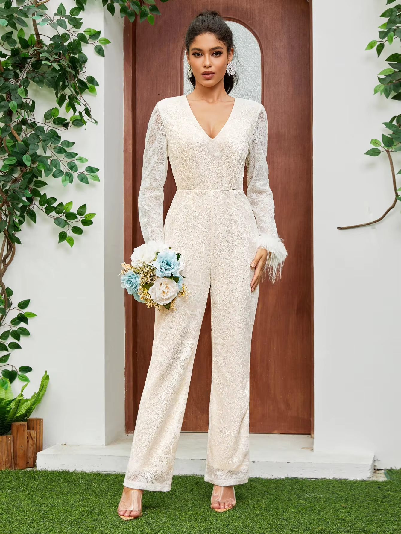 2025 Women's Deep V Lace Splicing Jumpsuit New Style Sexy Fashion Long-Sleeved Above Knee Length for Parties