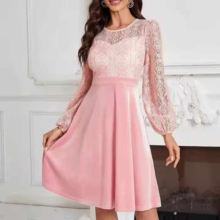 2025 Summer Best Selling Women's Lace Evening Dress Sexy Cut Long Sleeve Slinky Waist Party Gown Solid Pattern Digital Printing