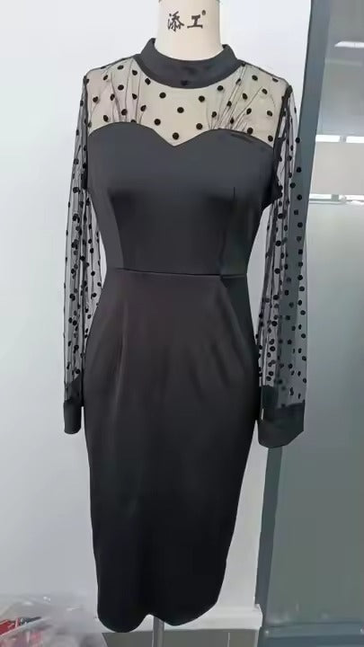 Women's 2025 Autumn Bodycon Dress Sexy Mesh See-Through Slit Long Sleeve Casual Solid Pattern Digital Printing Natural Waistline