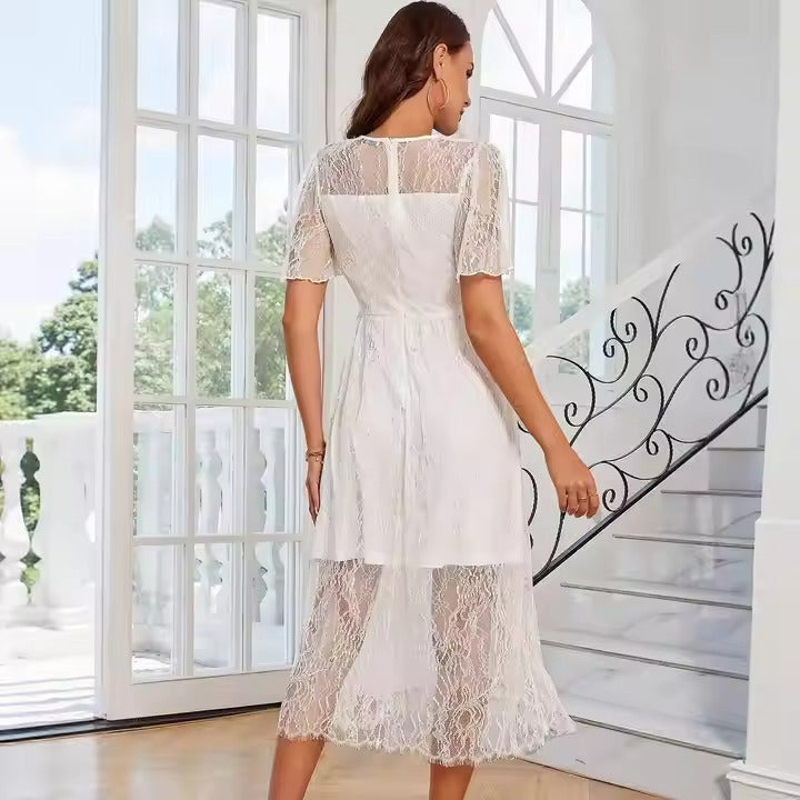 2025 New Women's Solid Color Lace Dress - Elegant Waist-Cinching Sheer Hollow-Out Bodycon Evening Dress