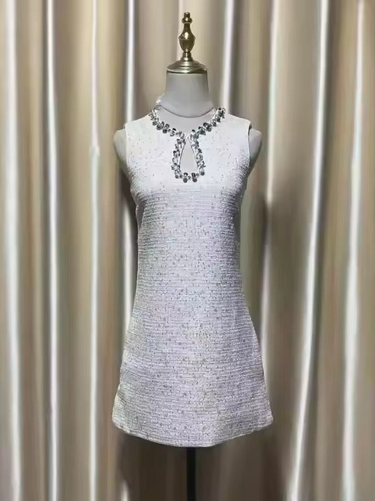 Solid Pattern Sleeveless A-Line Dress with Sequin Coarse Tweed Chic New Chic Casual Style Natural Waistline Eco-Friendly