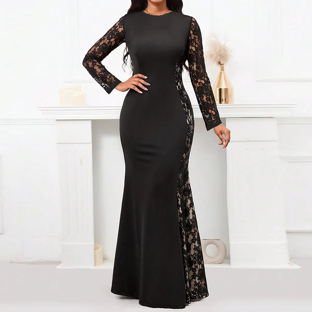 Women's Large Size Lace Round Neck Long Sleeve Fishtail Long Banquet Dress for Party