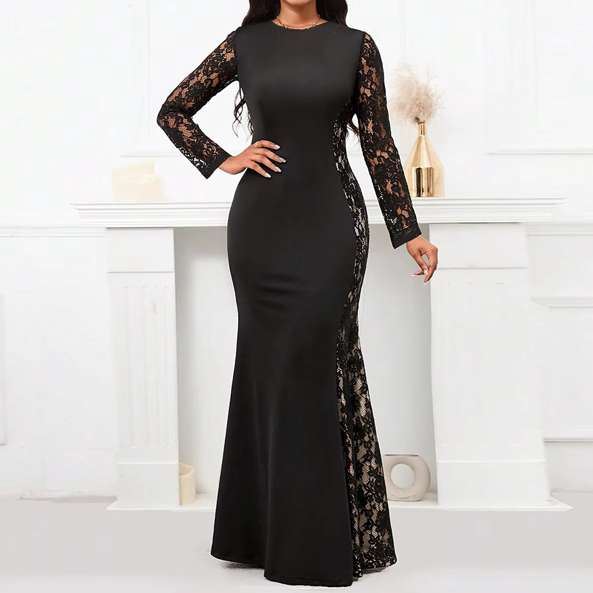 Women's Large Size Lace Round Neck Long Sleeve Fishtail Long Banquet Dress for Party