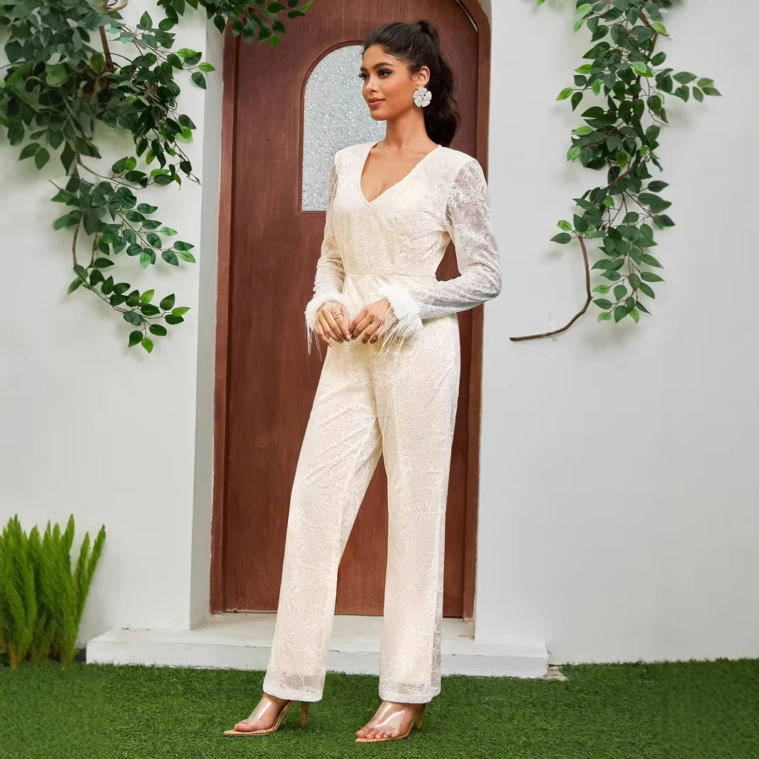 2025 Women's Deep V Lace Splicing Jumpsuit New Style Sexy Fashion Long-Sleeved Above Knee Length for Parties