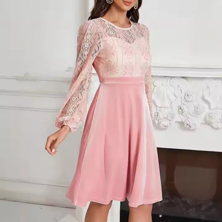 2025 Summer Best Selling Women's Lace Evening Dress Sexy Cut Long Sleeve Slinky Waist Party Gown Solid Pattern Digital Printing