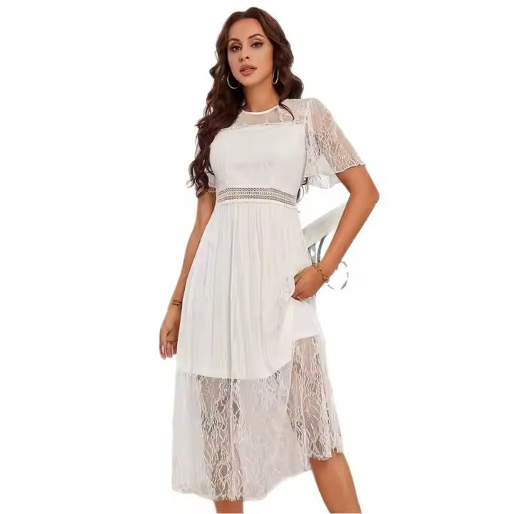 2025 New Women's Solid Color Lace Dress - Elegant Waist-Cinching Sheer Hollow-Out Bodycon Evening Dress