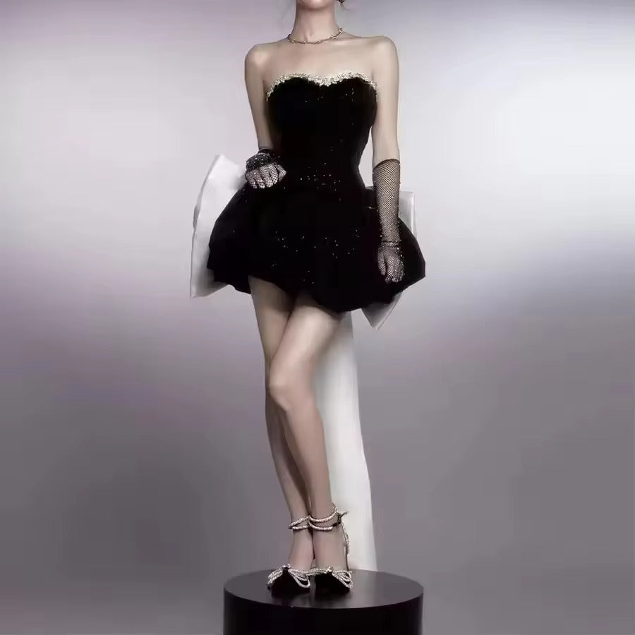 Hot Sale Dinner Party Diamond Strapless Evening Dress Female Birthday Light Luxury Bow Fashion Sexy Woven Natural Waist