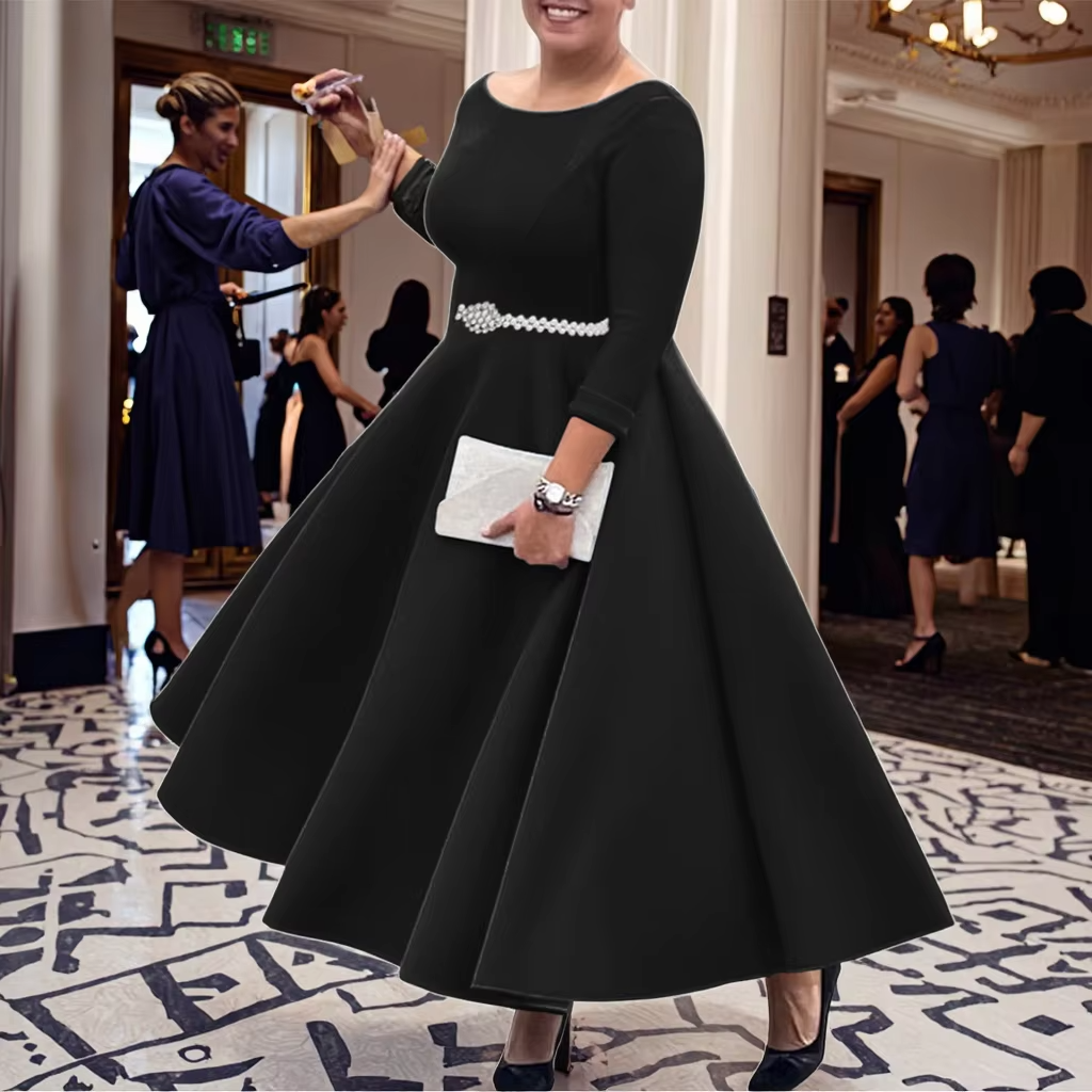 Elegant Evening Dress New European American Solid Color Large Hem Empire A-Line for Parties for Foreign Trade