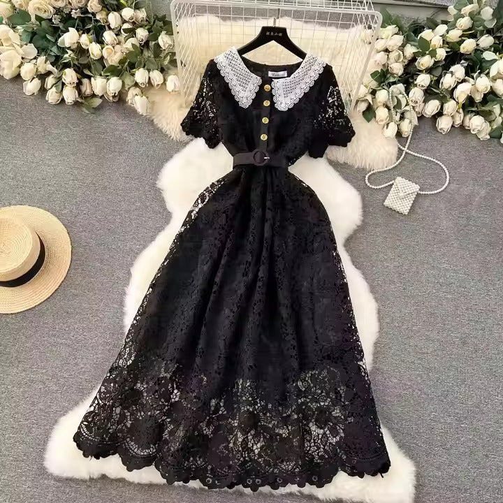 Korean Candy Color Elegant Design Belt Slim Waist Lace Dress Women Evening Dresses