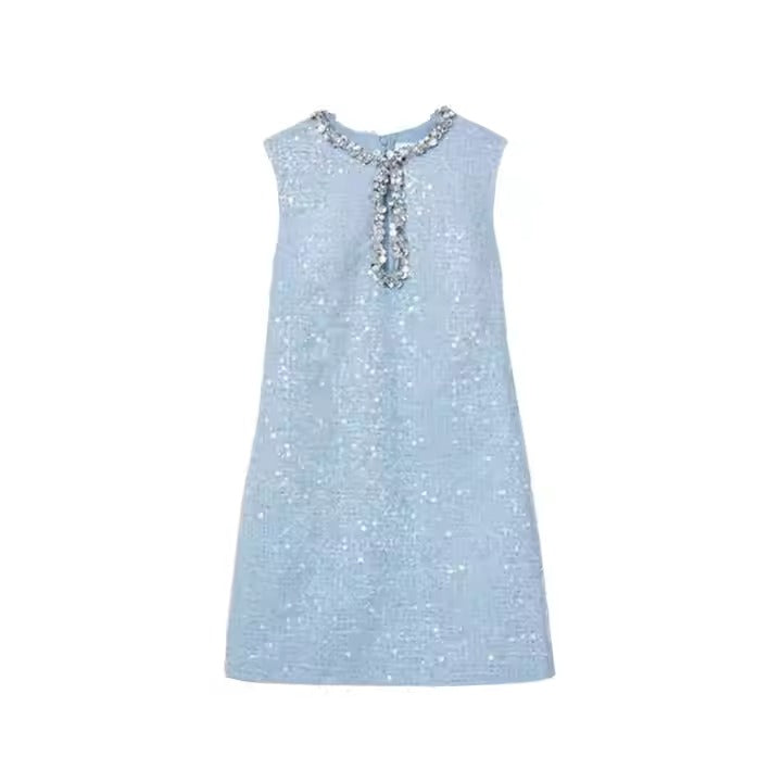 Solid Pattern Sleeveless A-Line Dress with Sequin Coarse Tweed Chic New Chic Casual Style Natural Waistline Eco-Friendly