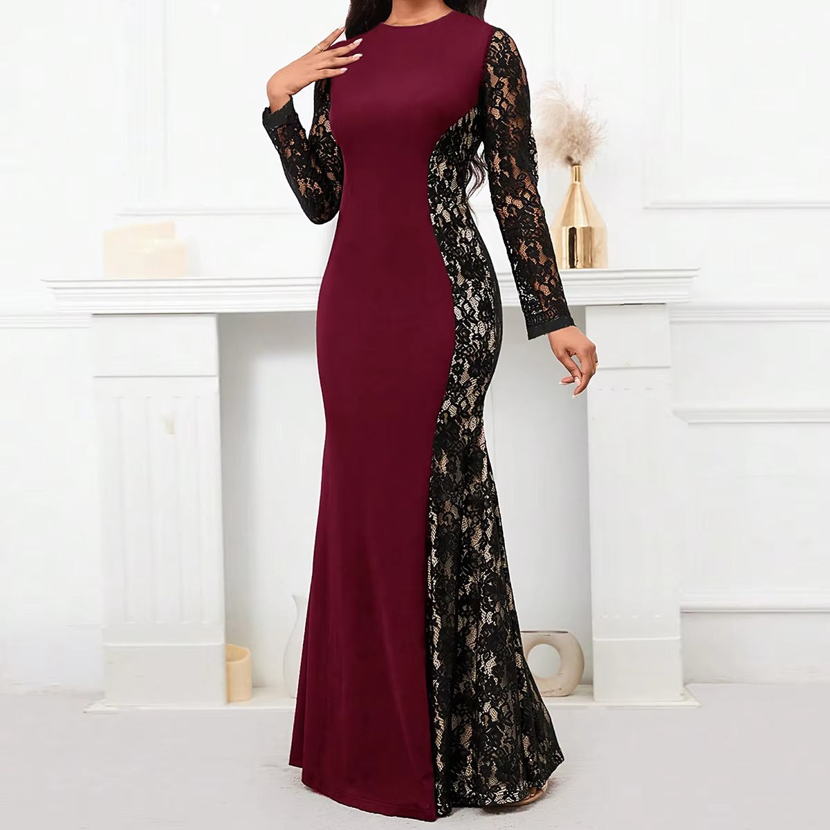 Women's Large Size Lace Round Neck Long Sleeve Fishtail Long Banquet Dress for Party