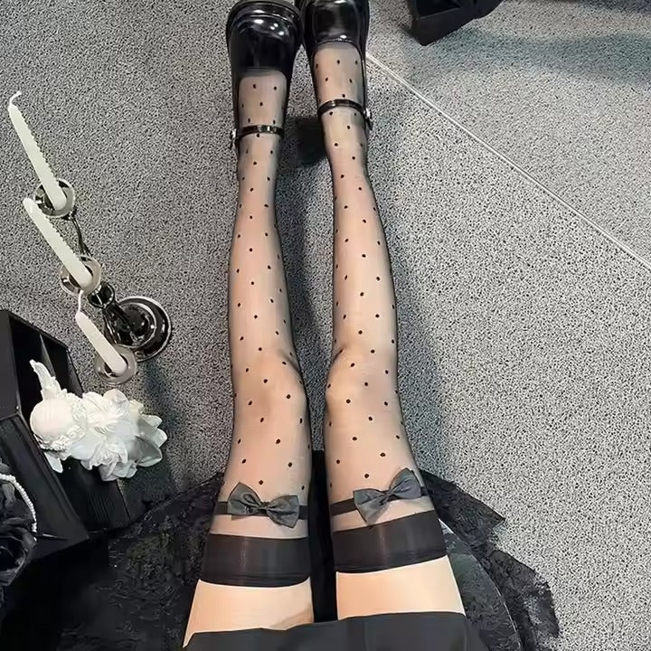 Long Over-The-Knee Bowknot JK Socks Ultra-Thin High Tight See Through Suspender Pantyhose for Sexy Lady