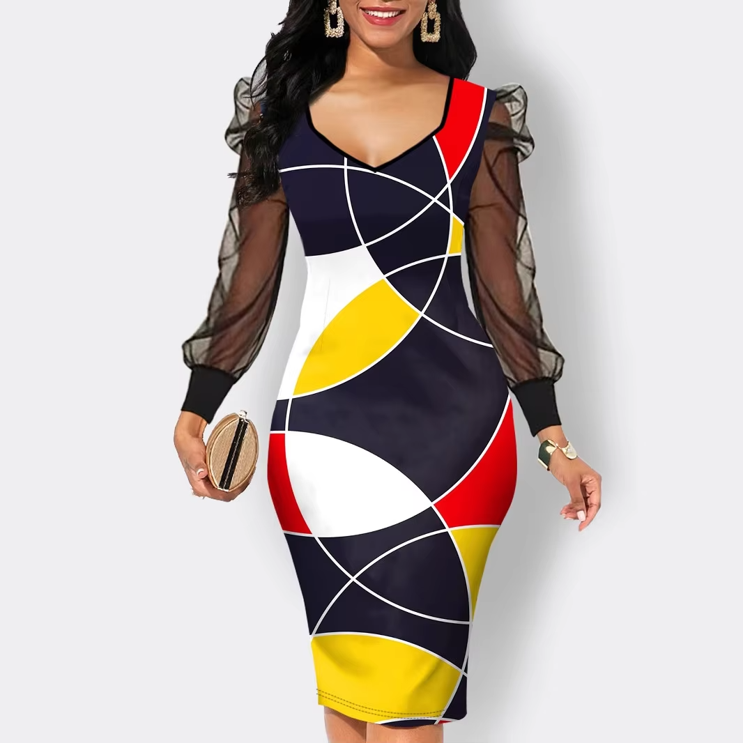 Plus Size Mesh Panel Dress Women Floral Print Bodycon Long Sleeve Hip Hugging Spring Casual Dress